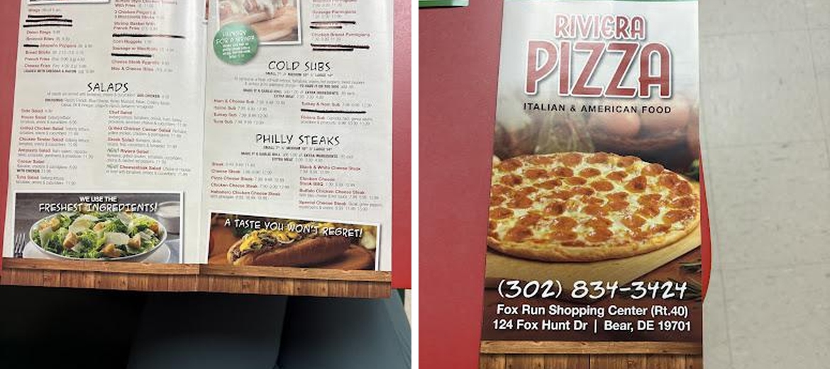 Riviera Pizza Menu
